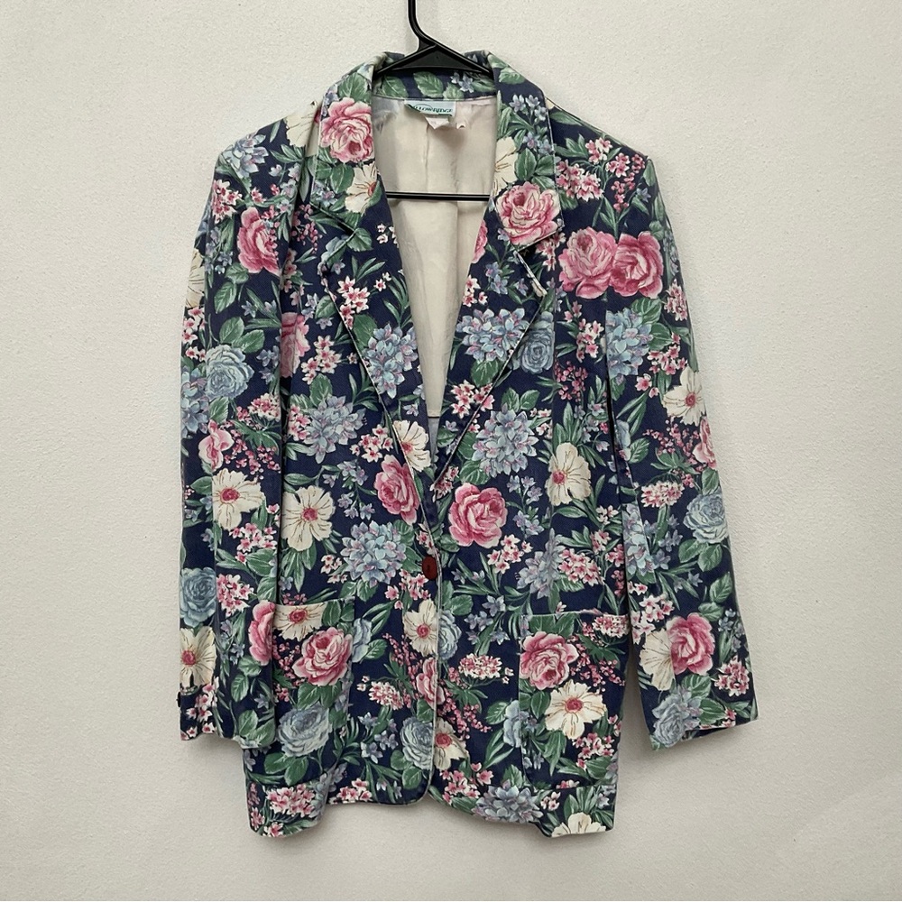 Willow Ridge Blue Denim Blazer With Pink And White Floral Print Size 8 Cotton